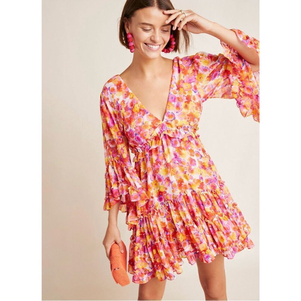MISA Los Angeles Yasemin Bright Pink Orange Yellow Floral Chiffon Bell Sleeve Mi